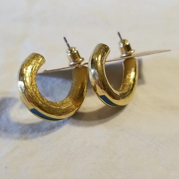 Vintage Teal & Gold Half Hoop Earrings - Picture 8 of 9